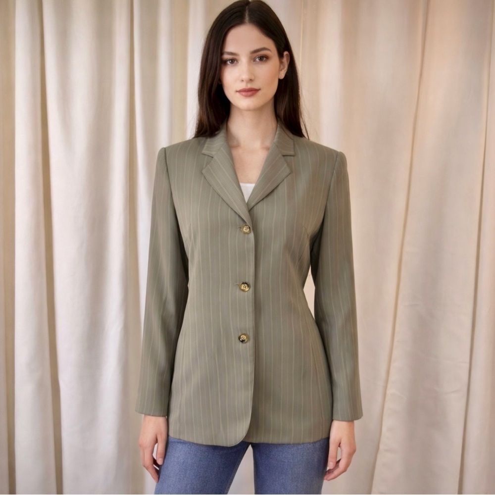Halston Vintage Sage Green & White Striped Button-Up Blazer in Size 6